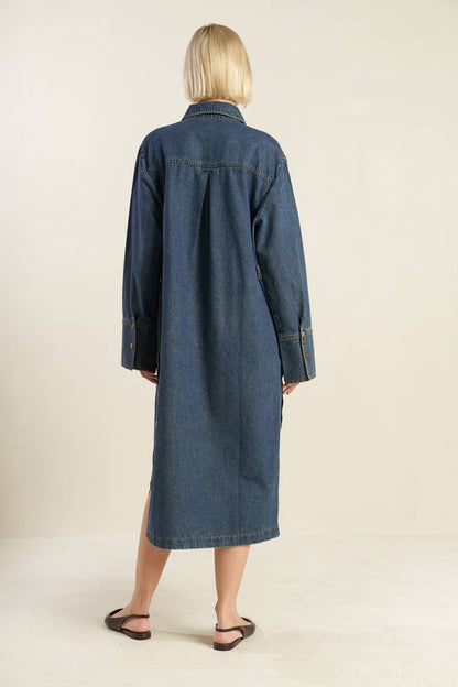 SEE THE END DENIM MIDI DRESS