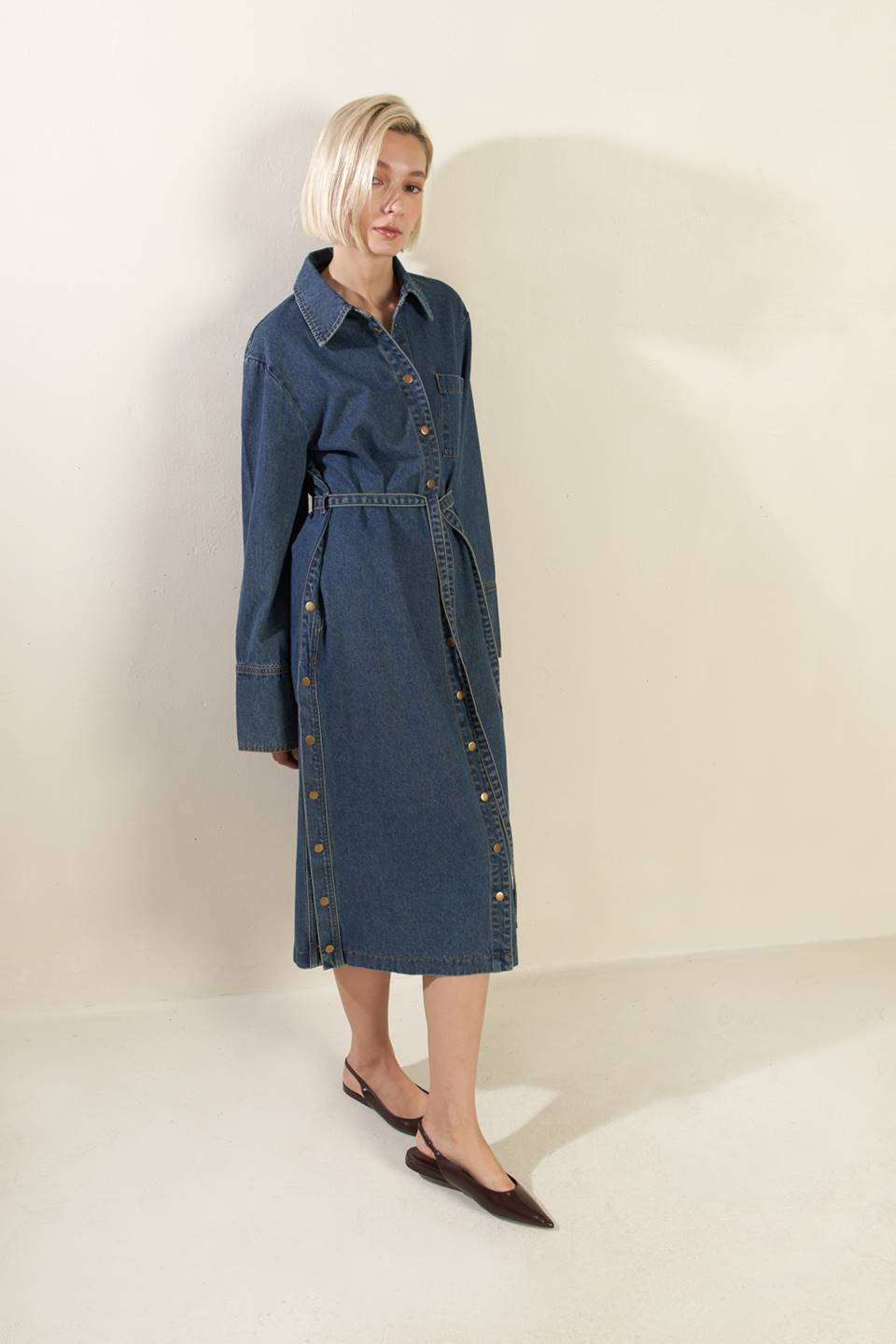 SEE THE END DENIM MIDI DRESS