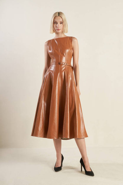 LUNAR SYMPHONY FAUX LEATHER MIDI DRESS