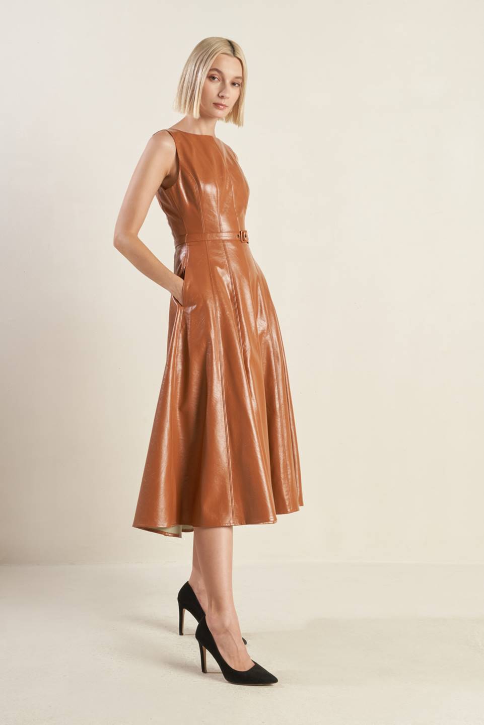 LUNAR SYMPHONY FAUX LEATHER MIDI DRESS