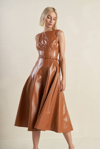 LUNAR SYMPHONY FAUX LEATHER MIDI DRESS