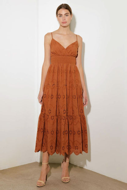 RADIANT EYELET TIERED MIDI DRESS