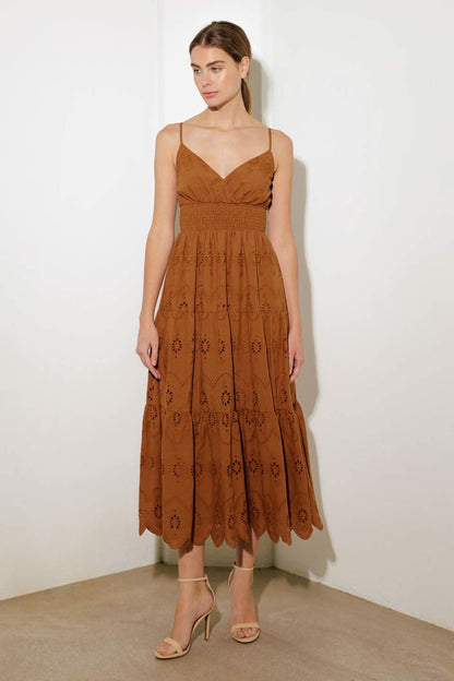 RADIANT EYELET TIERED MIDI DRESS