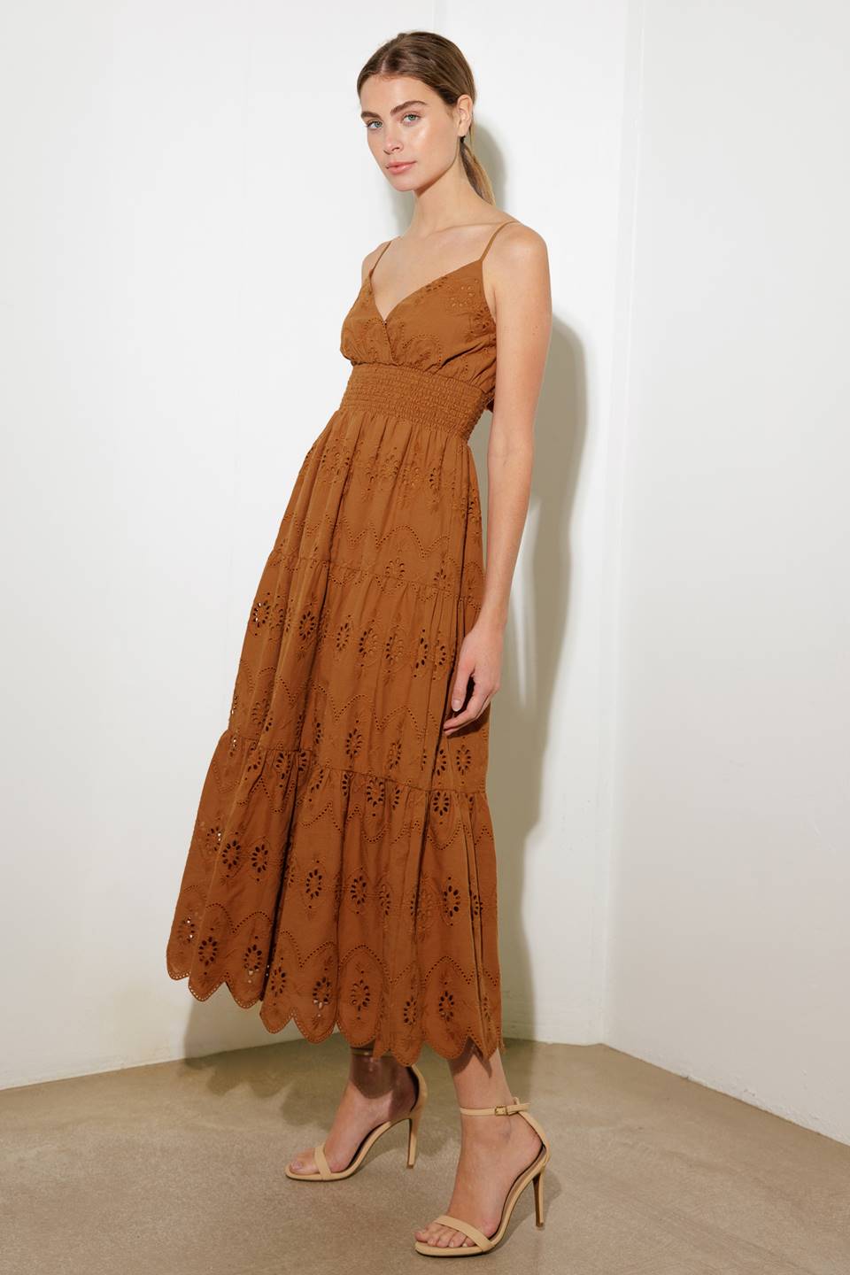 LUMINOUS BLISS WOVEN EYELET MIDI DRESS Flying Tomato