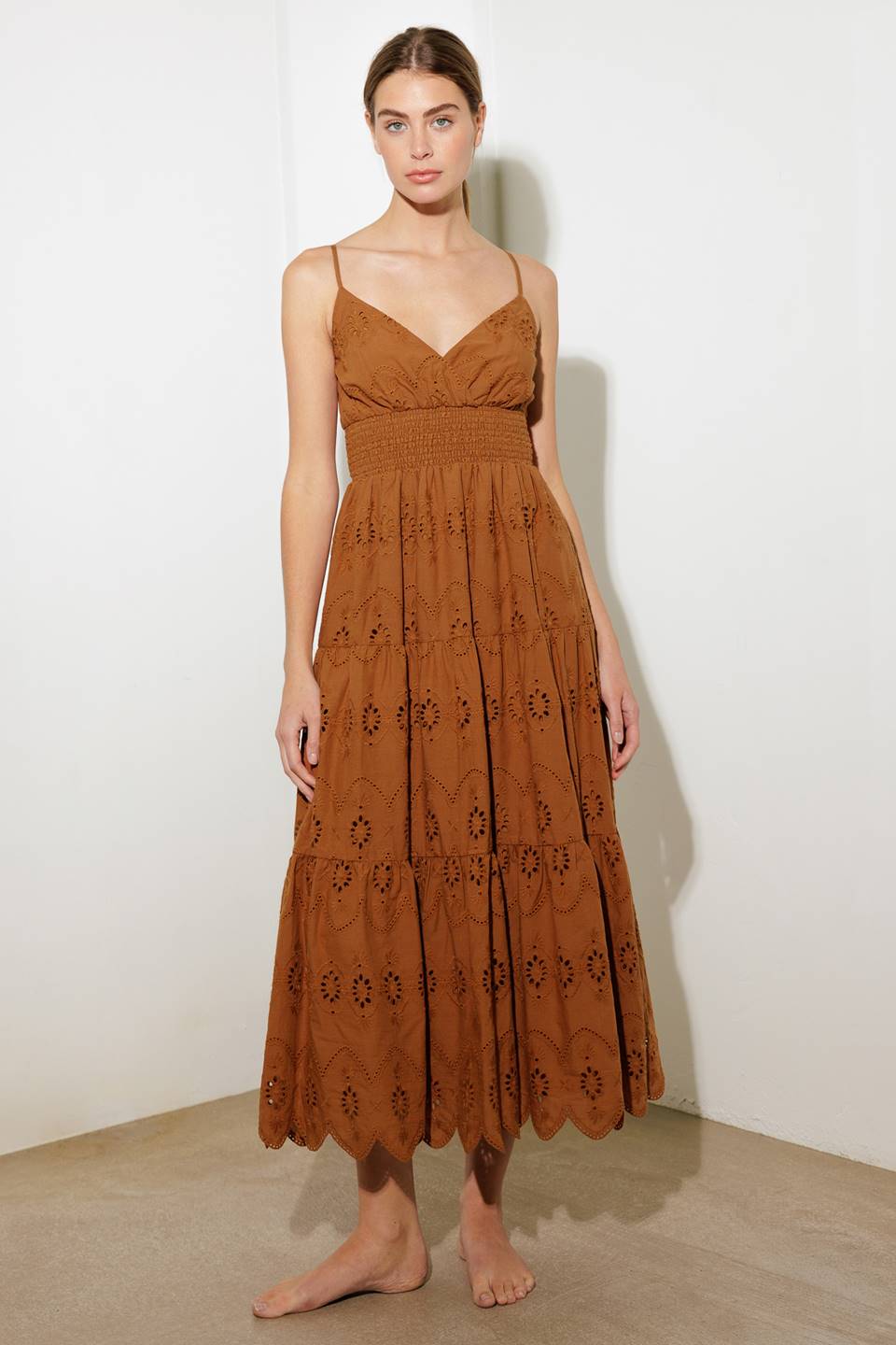 LUMINOUS BLISS WOVEN EYELET MIDI DRESS Flying Tomato