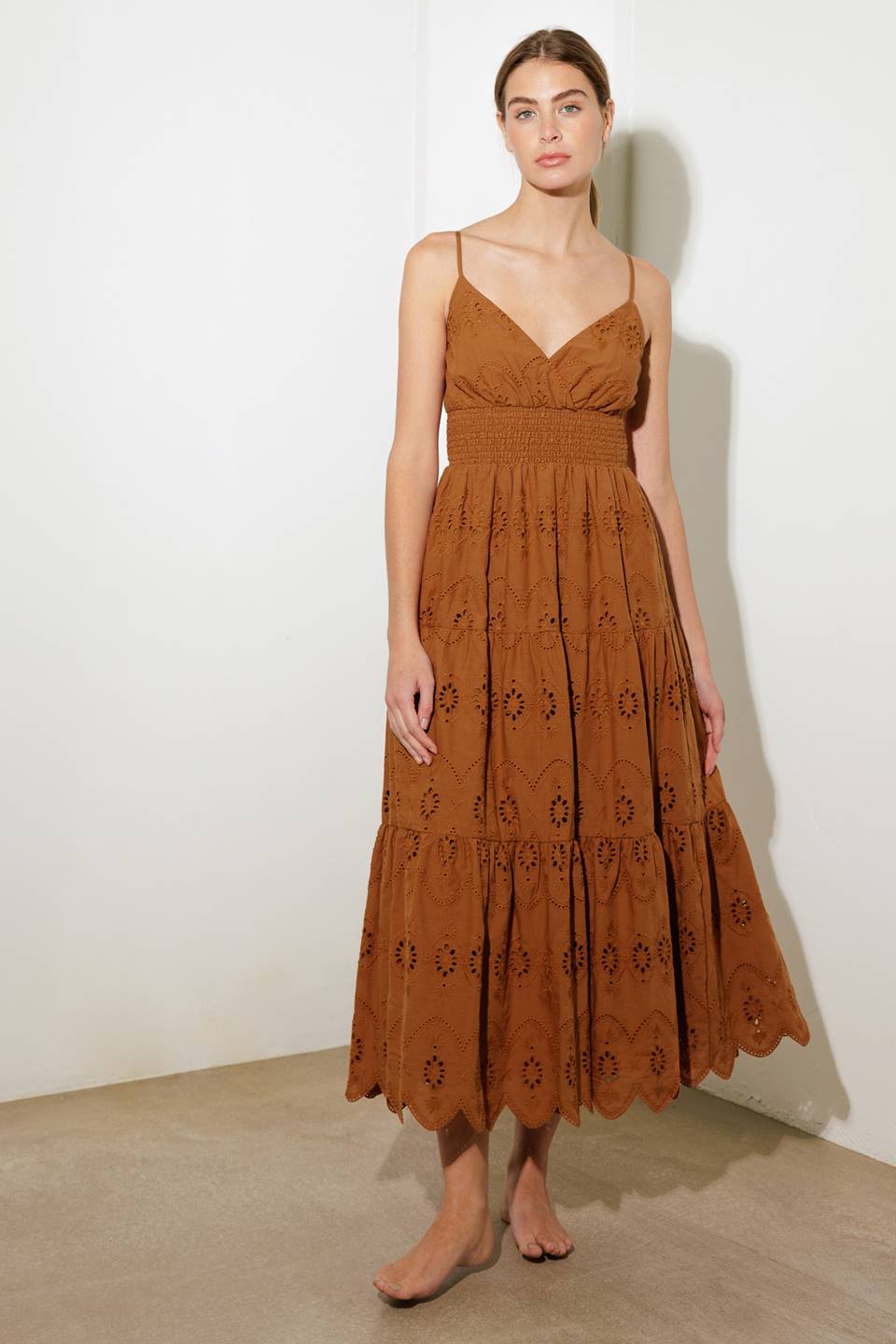 LUMINOUS BLISS WOVEN EYELET MIDI DRESS Flying Tomato