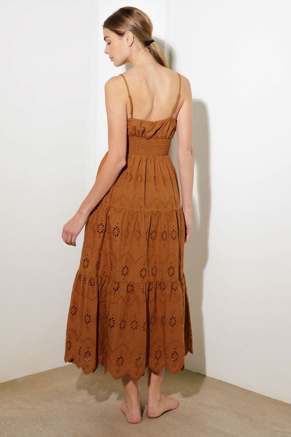 RADIANT EYELET TIERED MIDI DRESS