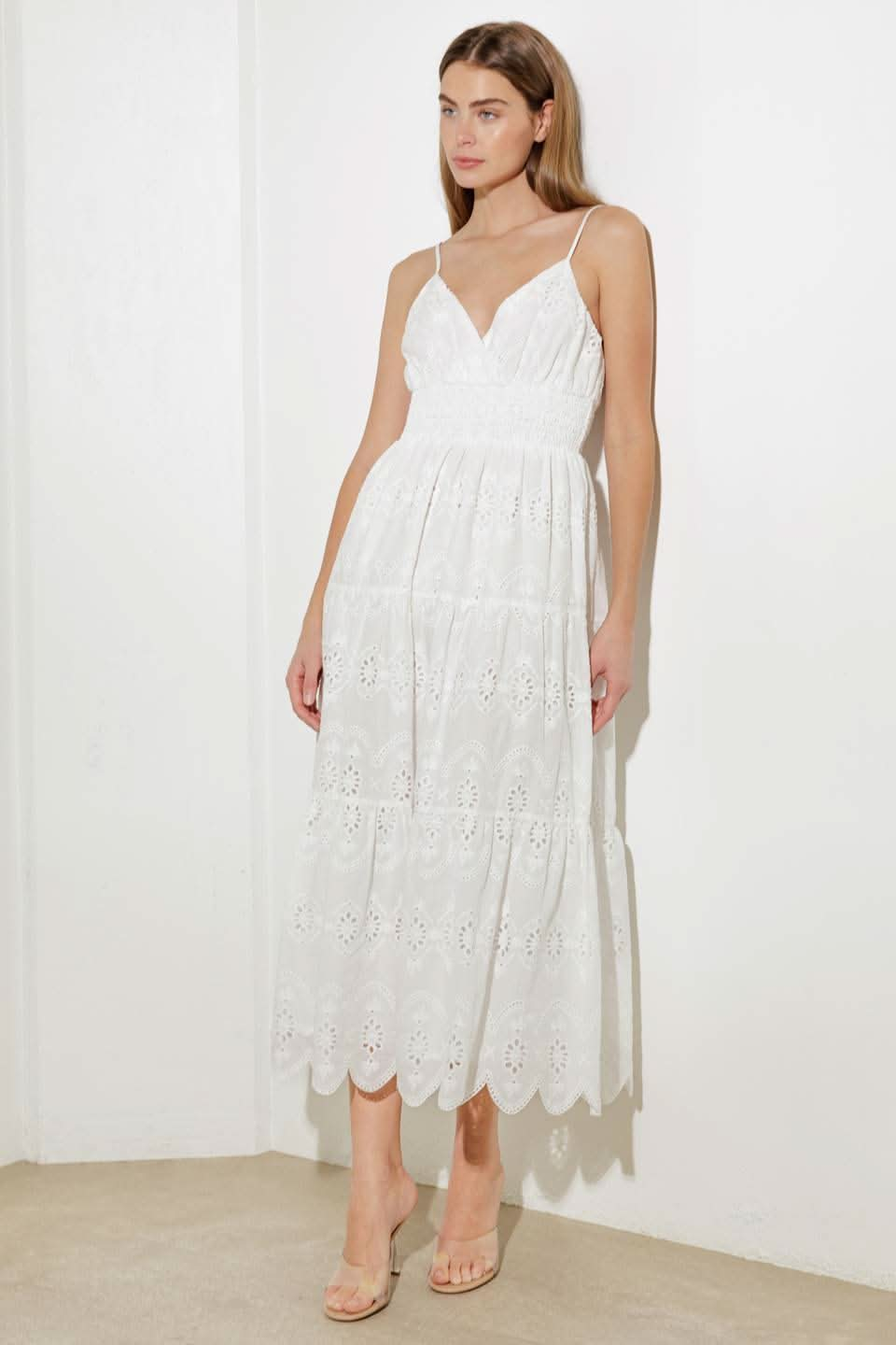 RADIANT EYELET TIERED MIDI DRESS