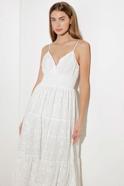 RADIANT EYELET TIERED MIDI DRESS