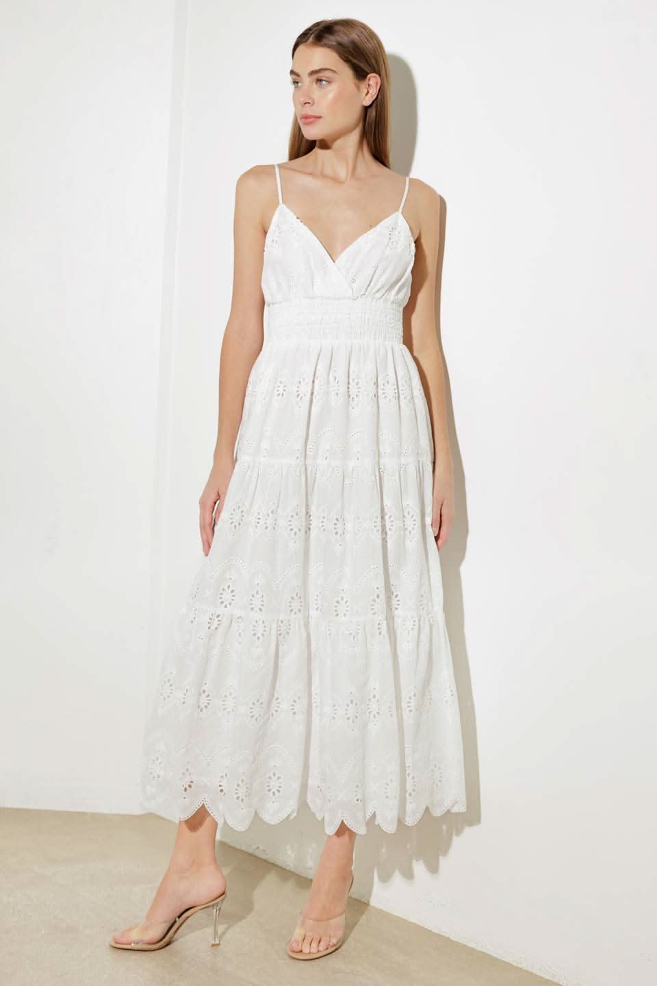 RADIANT EYELET TIERED MIDI DRESS