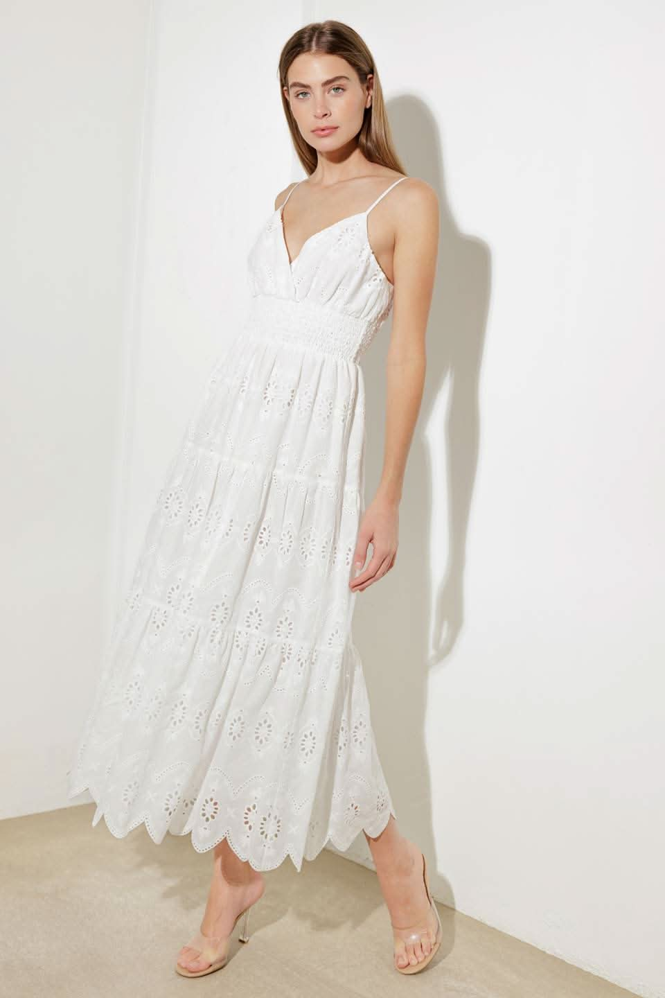 RADIANT EYELET TIERED MIDI DRESS