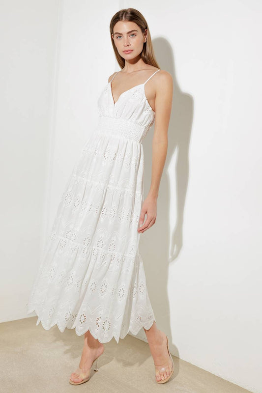 LUMINOUS BLISS WOVEN EYELET MIDI DRESS Flying Tomato