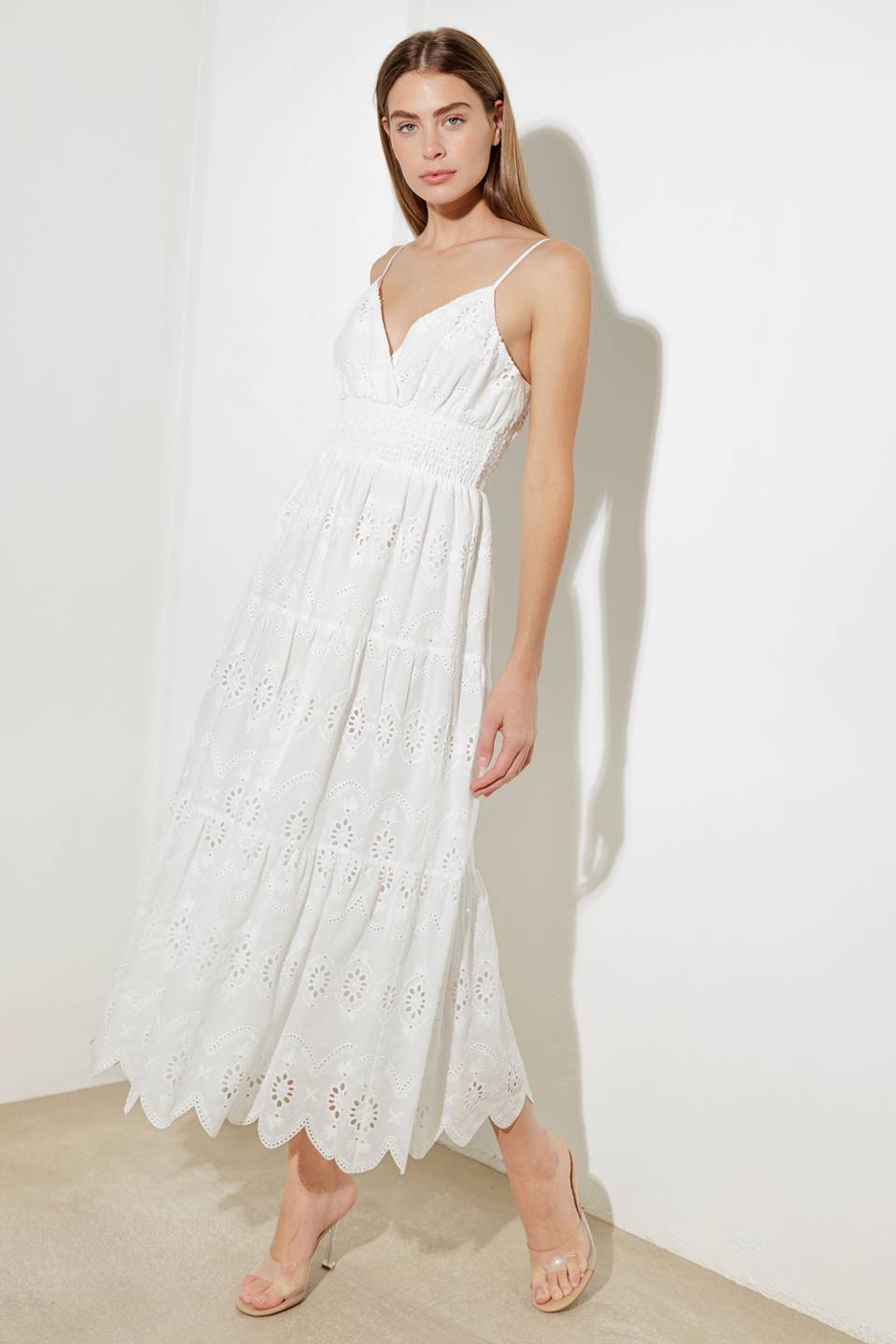 LUMINOUS BLISS WOVEN EYELET MIDI DRESS Flying Tomato