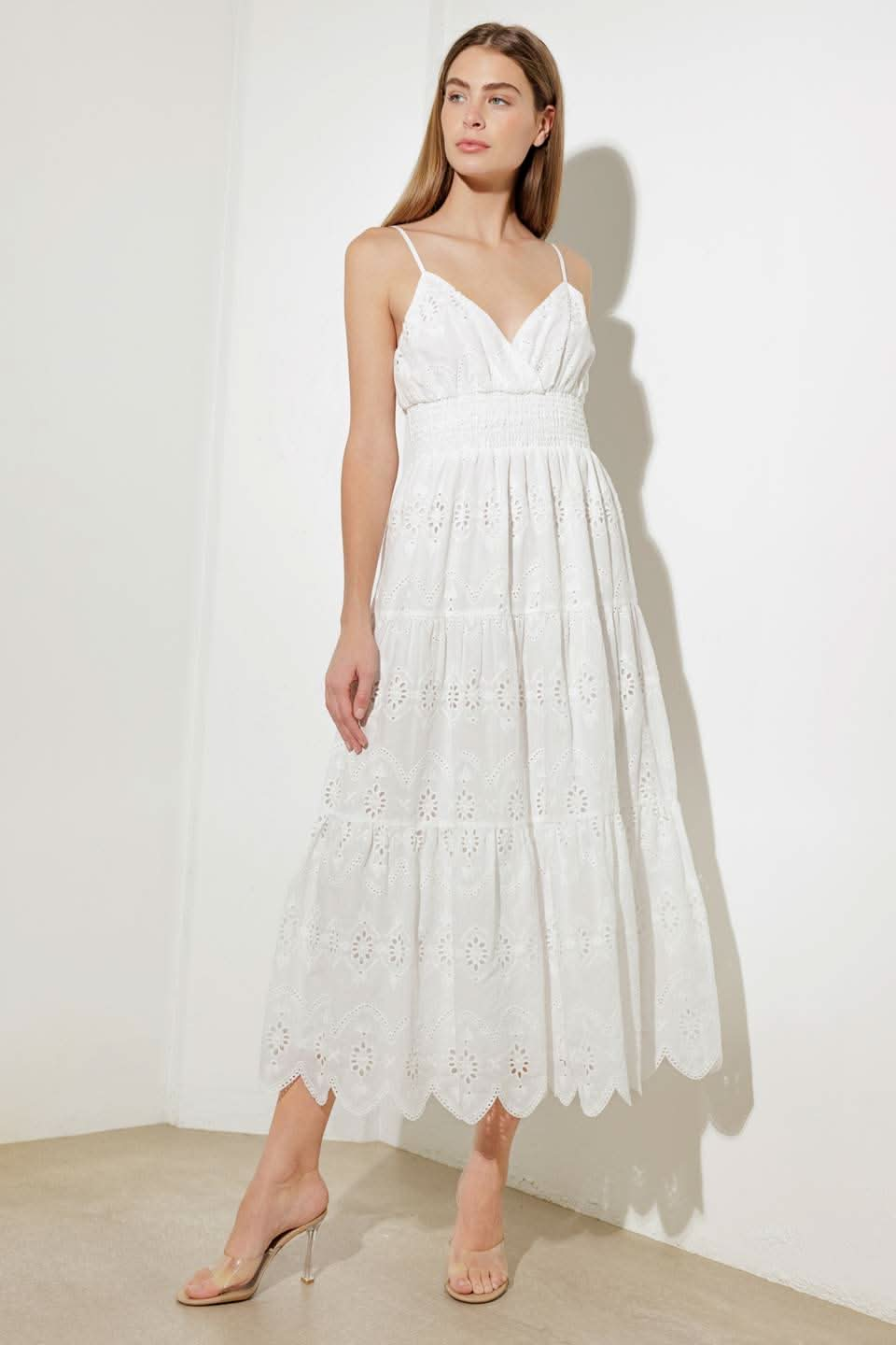 RADIANT EYELET TIERED MIDI DRESS