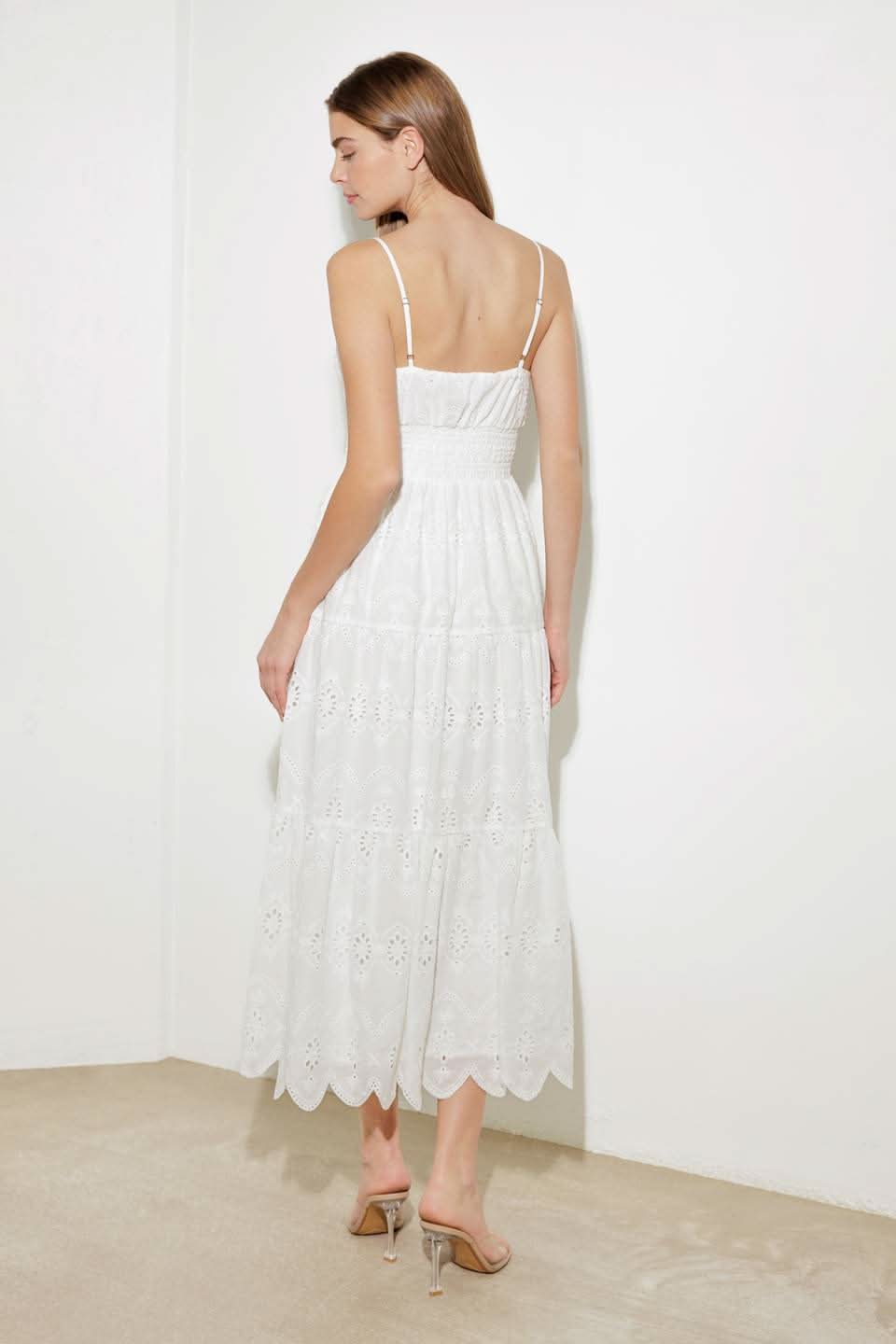 RADIANT EYELET TIERED MIDI DRESS