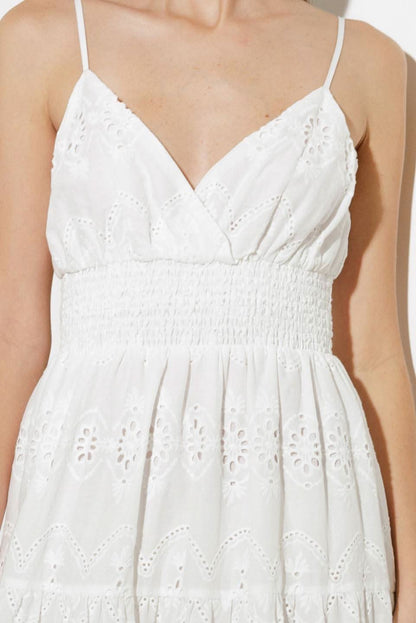 RADIANT EYELET TIERED MIDI DRESS