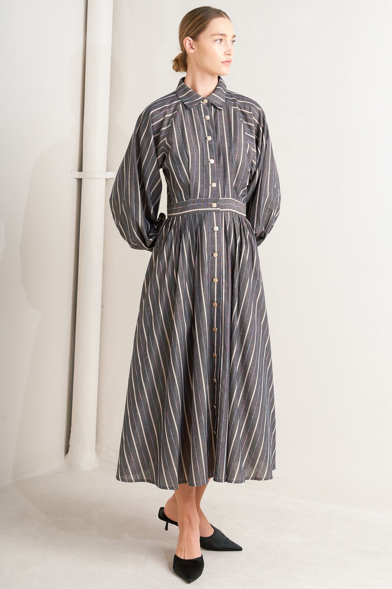 What I Feel Striped Woven Midi Dress Button Down Collar Flying Tomato