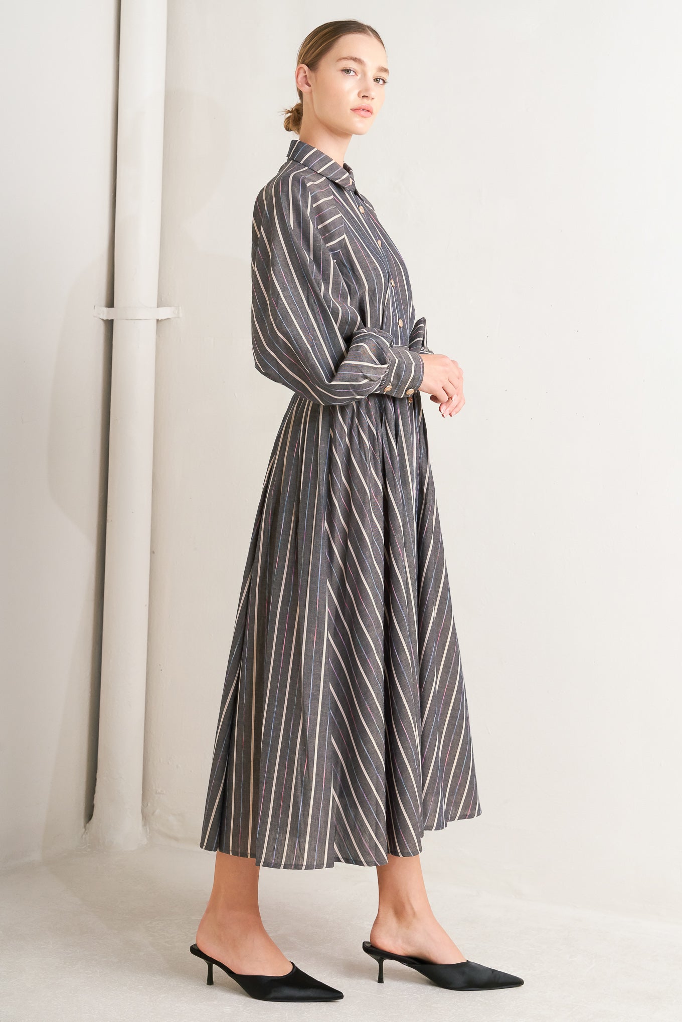 What I Feel Striped Woven Midi Dress Button Down Collar Flying Tomato