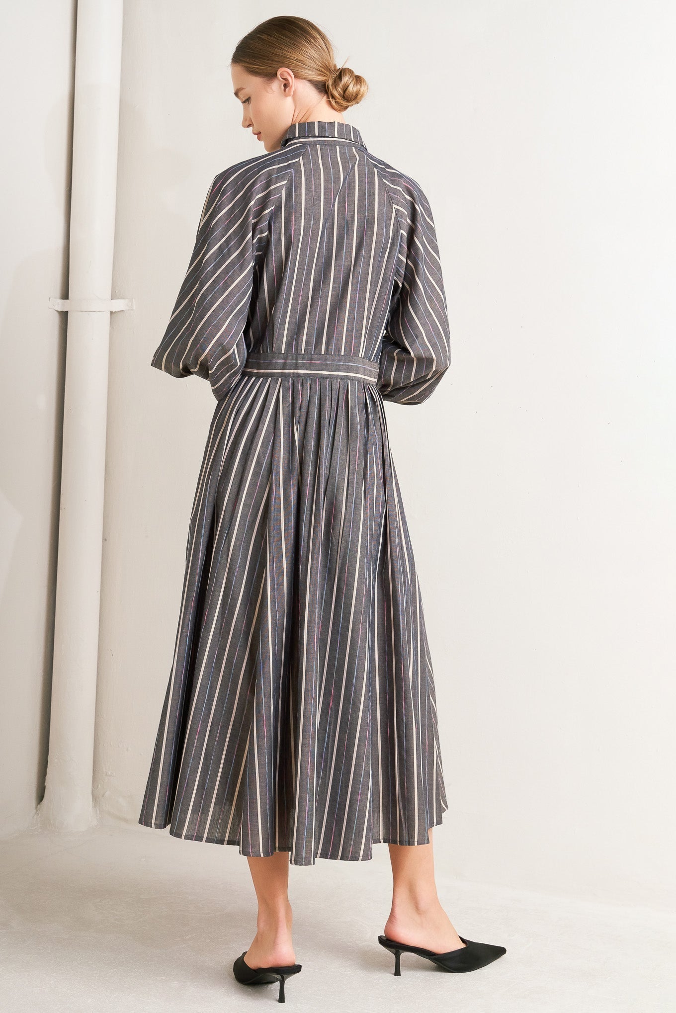 What I Feel Striped Woven Midi Dress Button Down Collar Flying Tomato