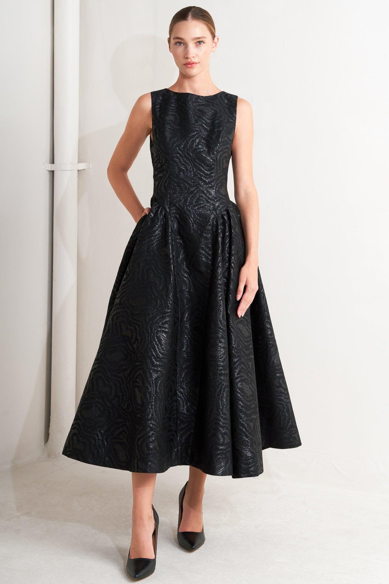 Flying Tomato CHECK YOURSELF black woven midi dress, elegant and versatile for quality style.