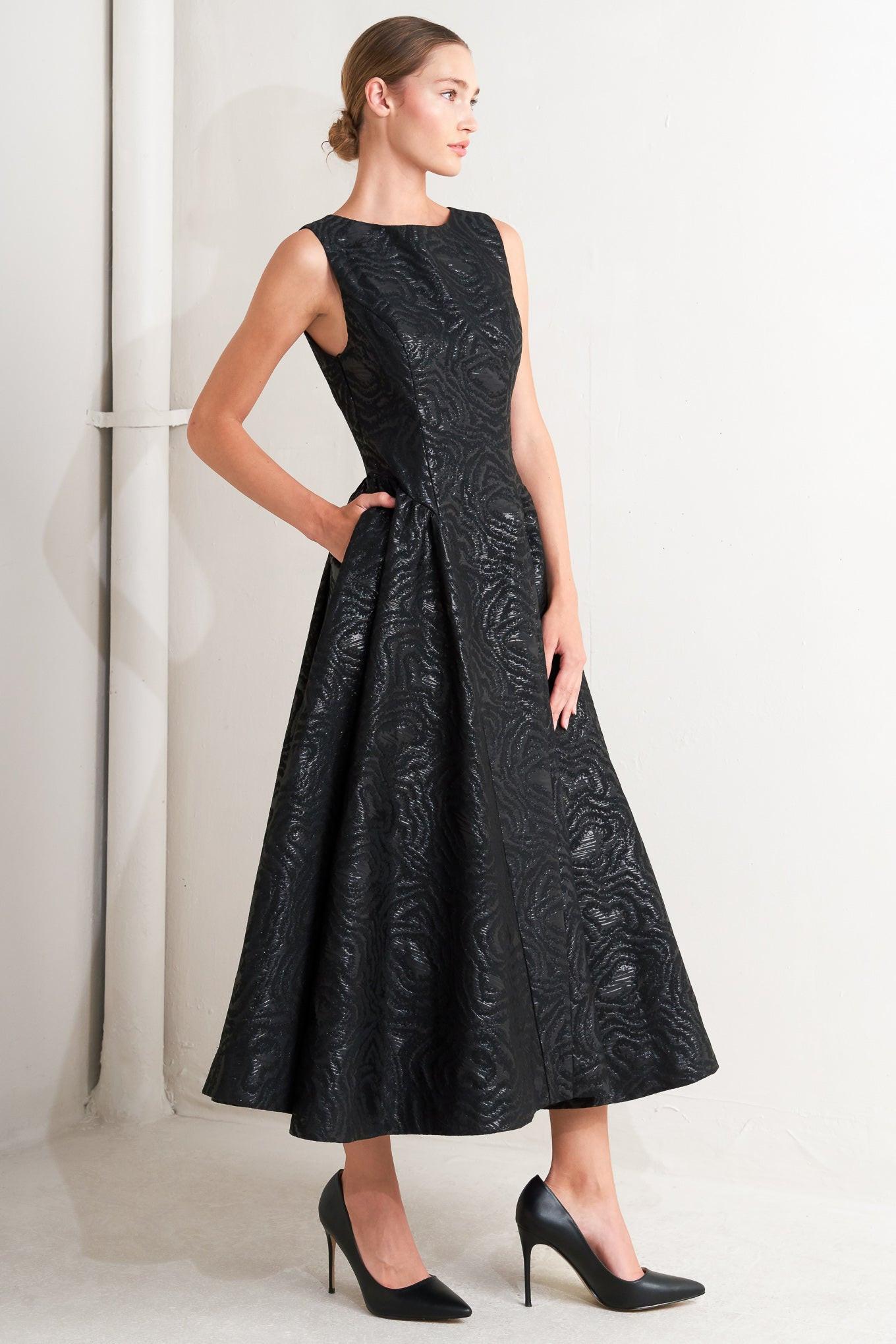 Flying Tomato CHECK YOURSELF black woven midi dress styled for a contemporary look, perfect for various occasions.