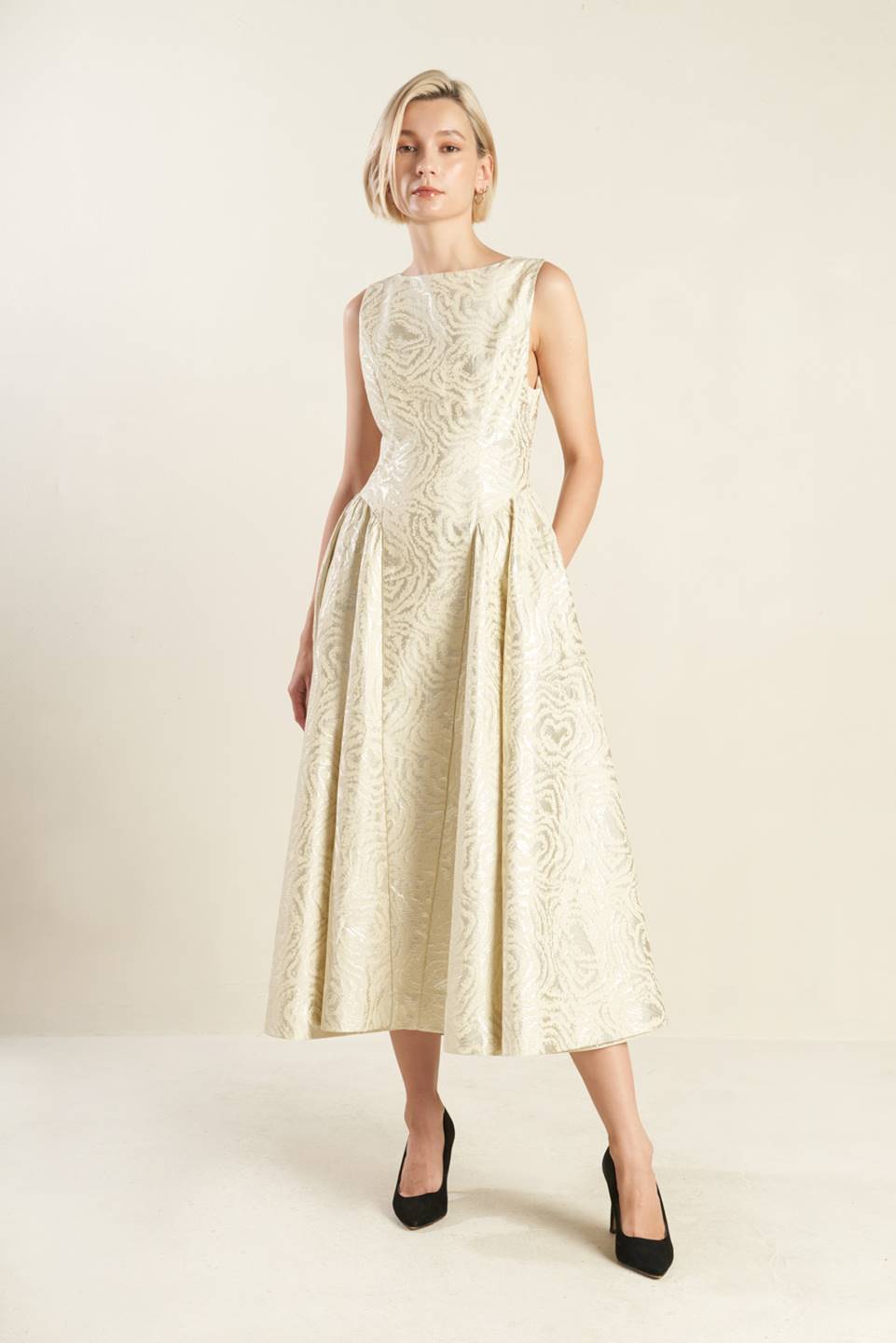 CHECK YOURSELF CHAMPAGNE WOVEN MIDI DRESS Flying Tomato