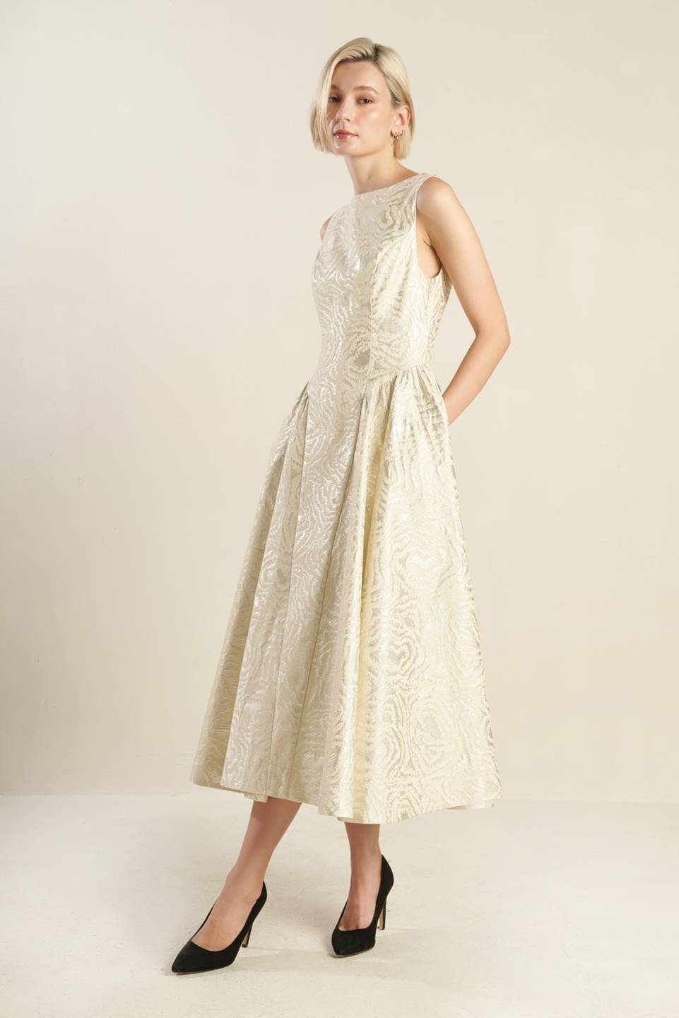 CHECK YOURSELF CHAMPAGNE WOVEN MIDI DRESS Flying Tomato
