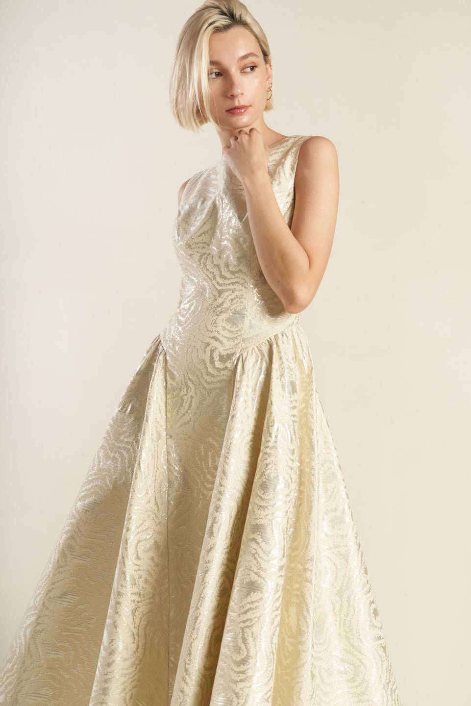 CHECK YOURSELF CHAMPAGNE WOVEN MIDI DRESS Flying Tomato