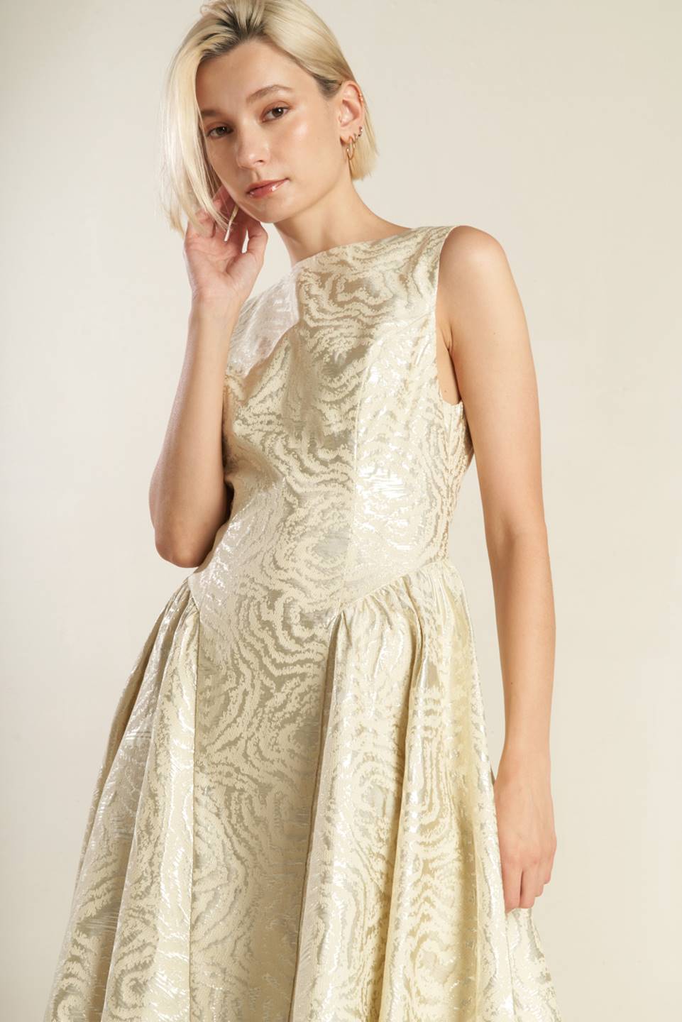 CHECK YOURSELF CHAMPAGNE WOVEN MIDI DRESS Flying Tomato