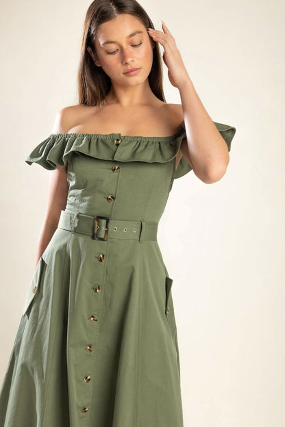 Ruffled Off-Shoulder Cotton Midi Dress