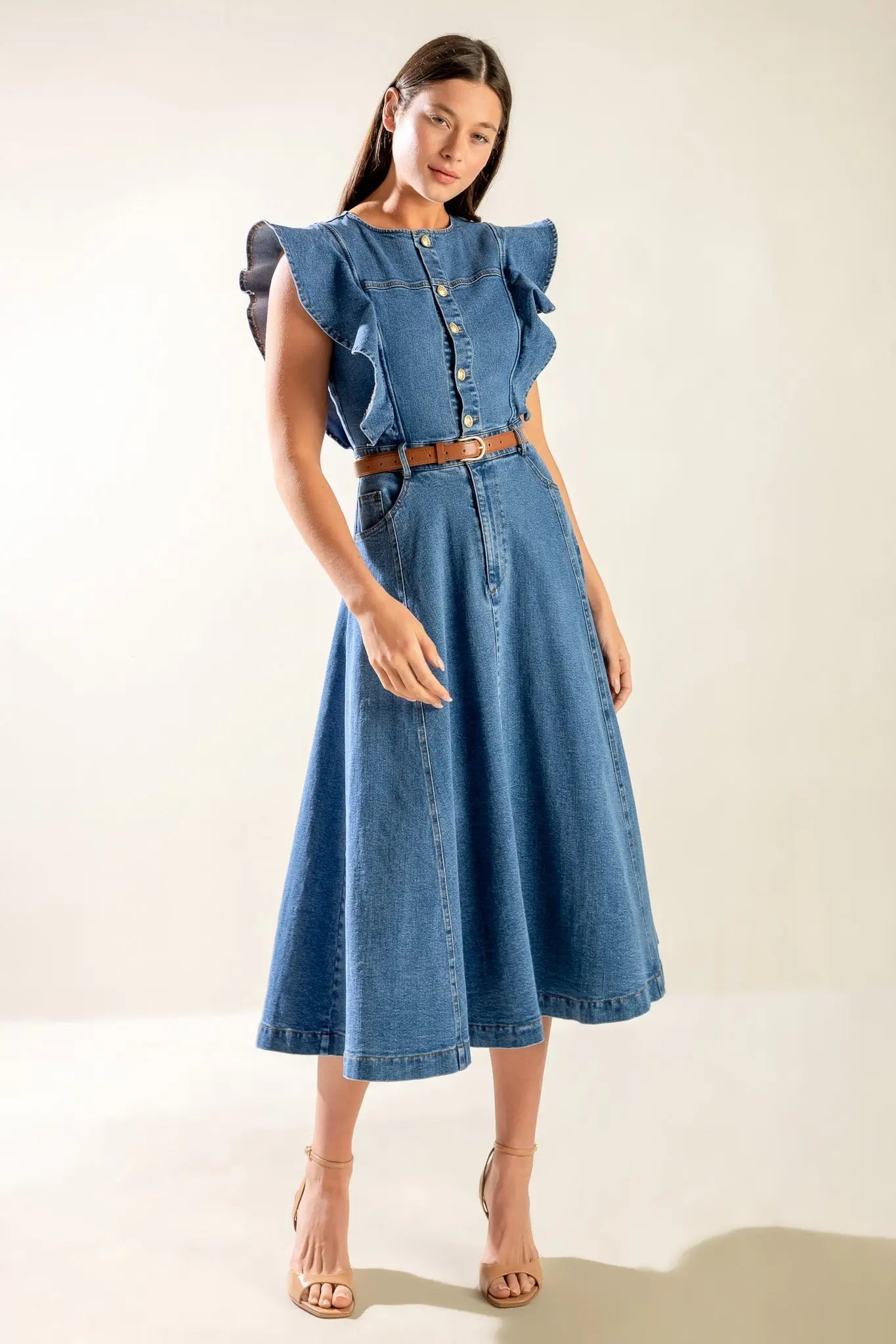 Denim Midi Dress With Front Button Closure And Ruffled Sleeves Flying Tomato