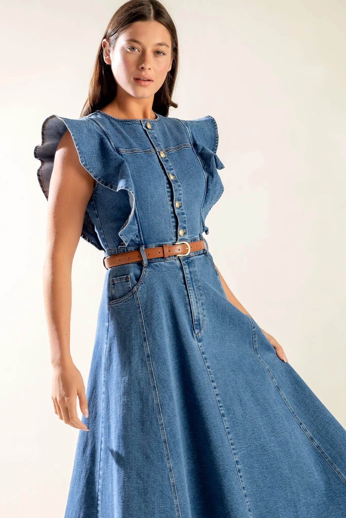 Denim Midi Dress With Front Button Closure And Ruffled Sleeves Flying Tomato