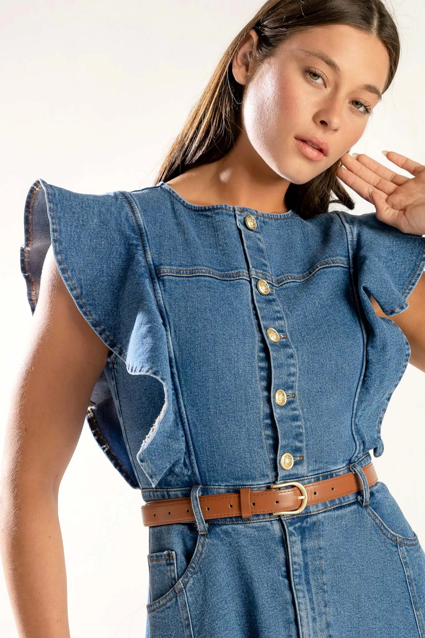 Denim Midi Dress With Front Button Closure And Ruffled Sleeves Flying Tomato