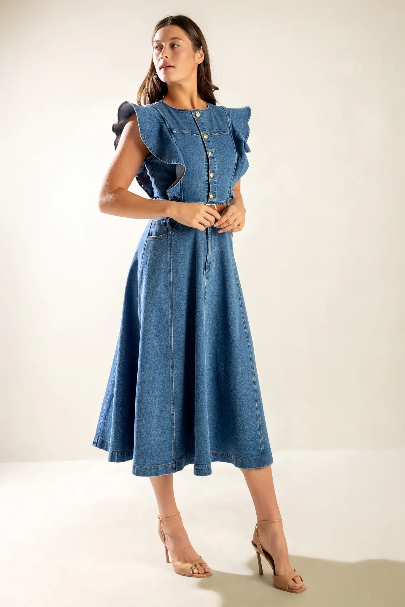 Denim Midi Dress With Front Button Closure And Ruffled Sleeves Flying Tomato
