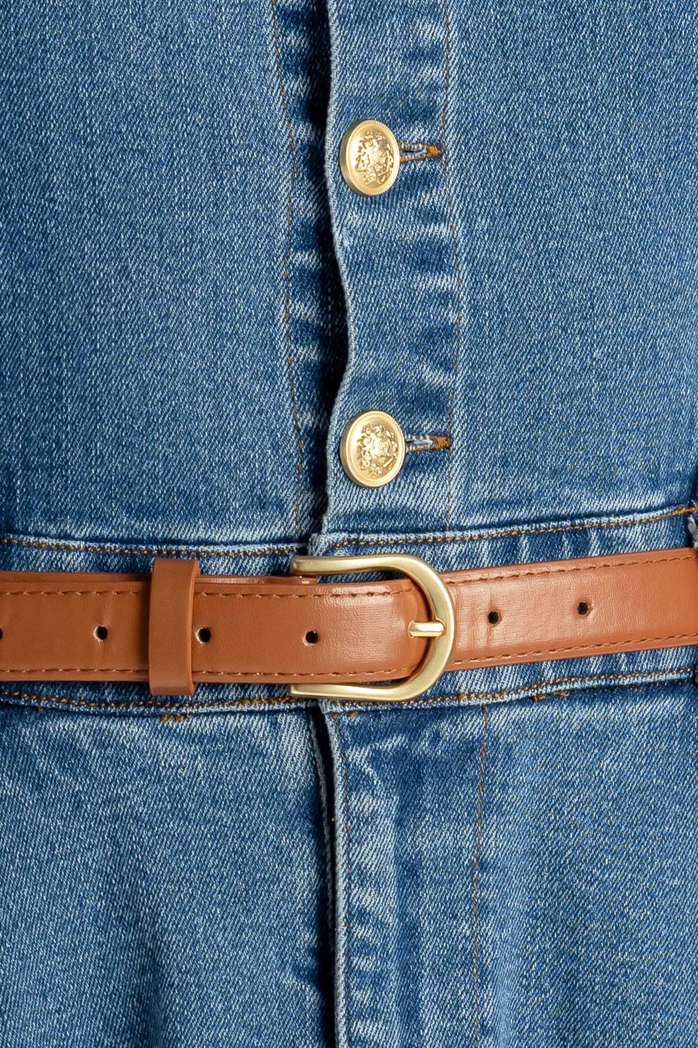 Denim Midi Dress With Front Button Closure And Ruffled Sleeves Flying Tomato