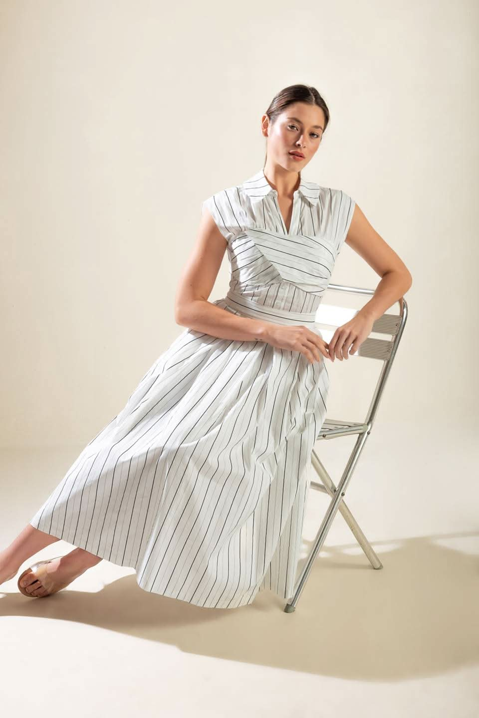 STRIKING STRIPED MIDI DRESS WITH COLLAR