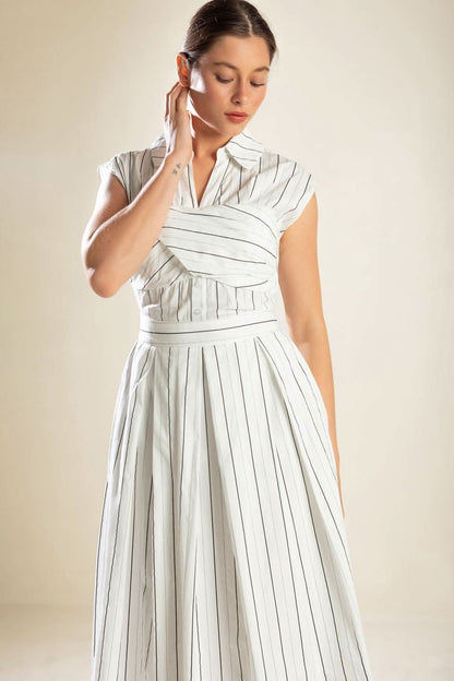 STRIKING STRIPED MIDI DRESS WITH COLLAR