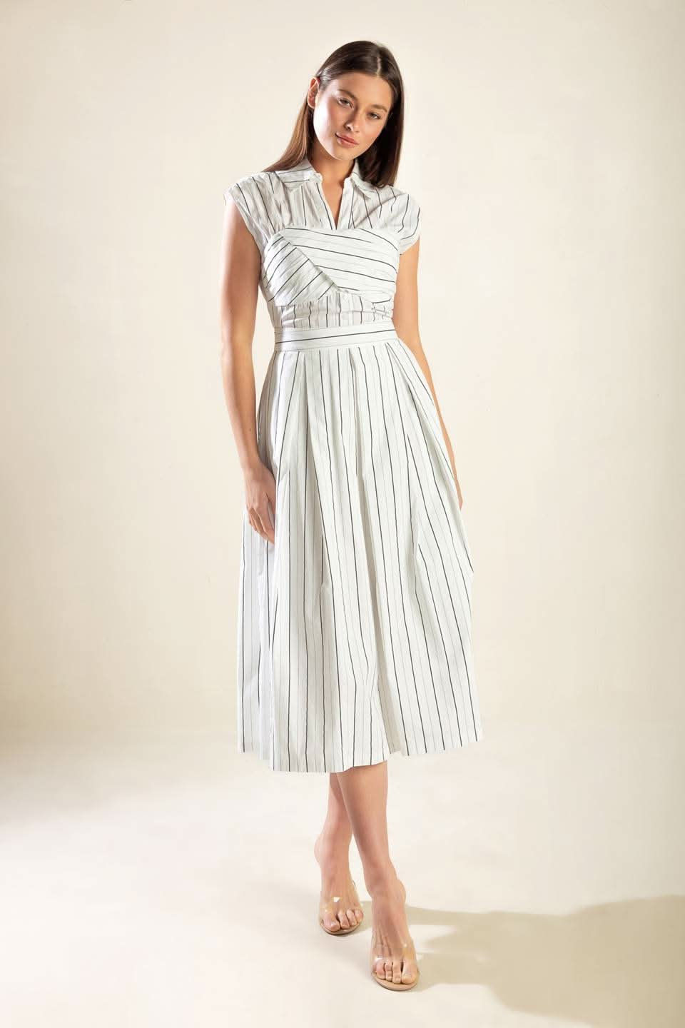 STRIKING STRIPED MIDI DRESS WITH COLLAR