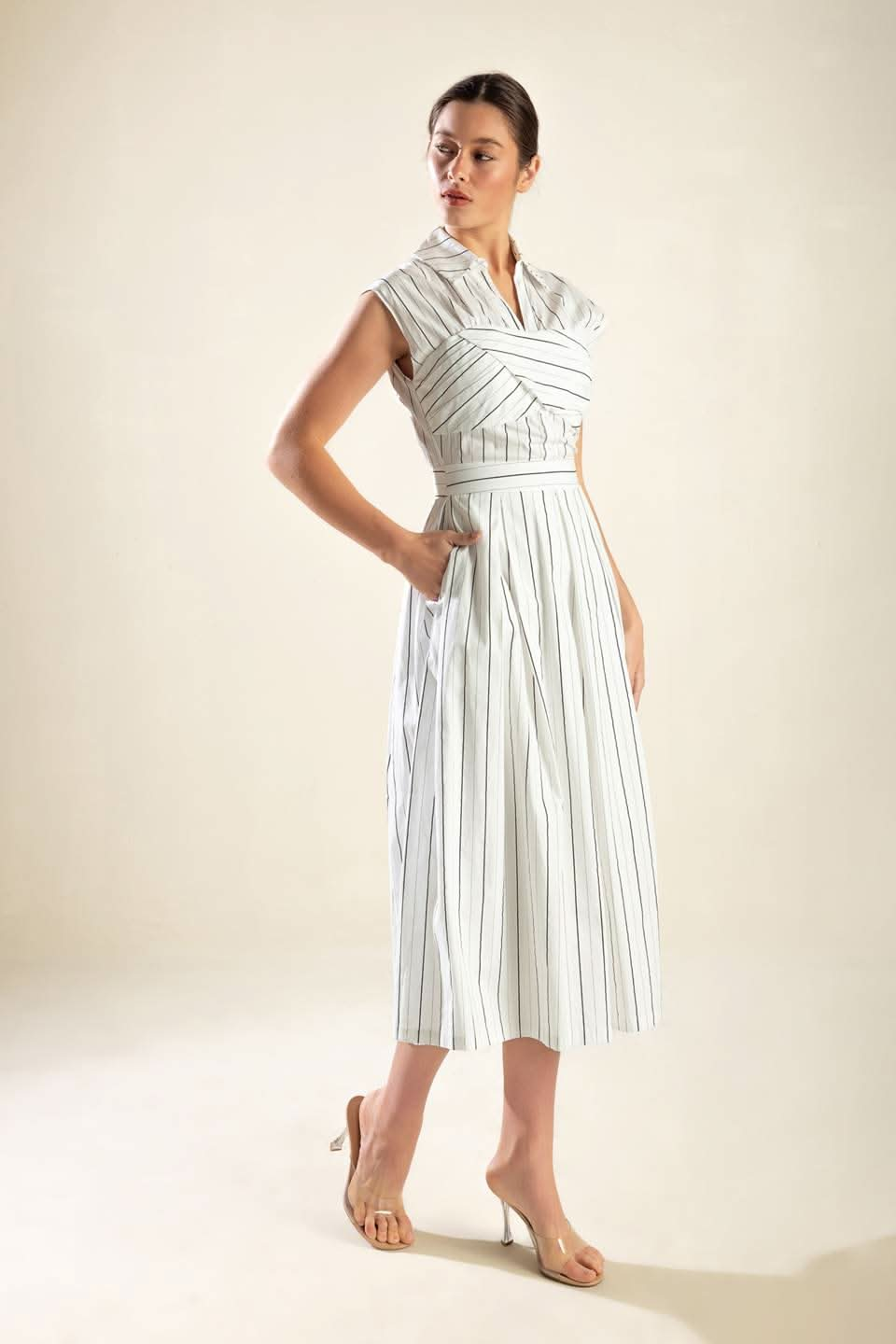 STRIKING STRIPED MIDI DRESS WITH COLLAR