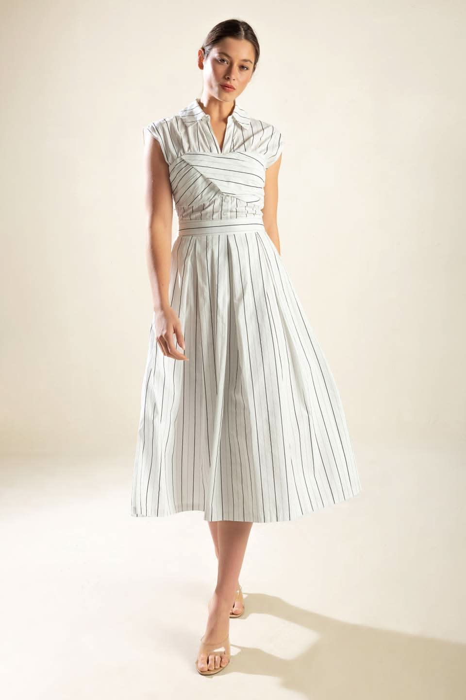 STRIKING STRIPED MIDI DRESS WITH COLLAR