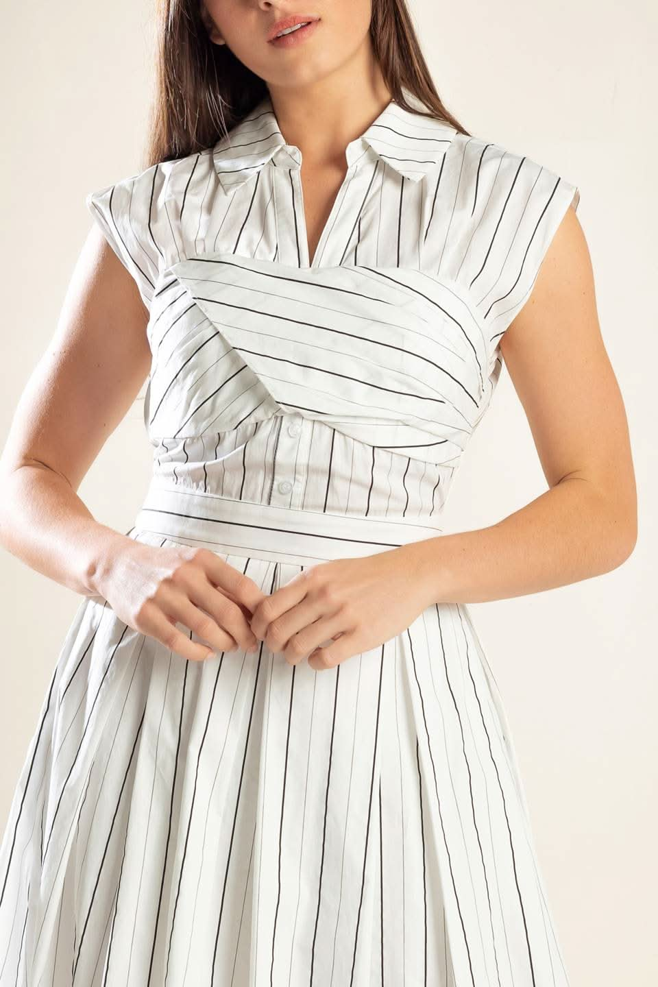 STRIKING STRIPED MIDI DRESS WITH COLLAR