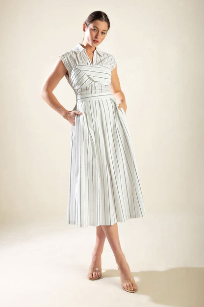 STRIKING STRIPED MIDI DRESS WITH COLLAR