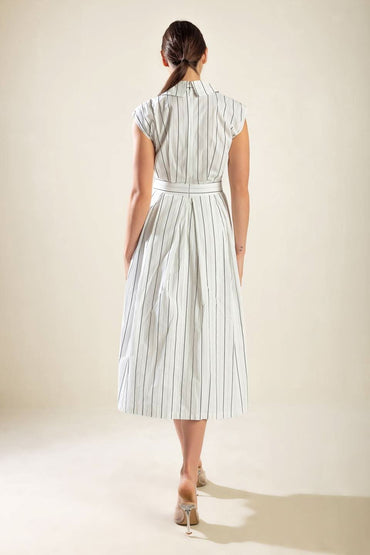 STRIKING STRIPED MIDI DRESS WITH COLLAR