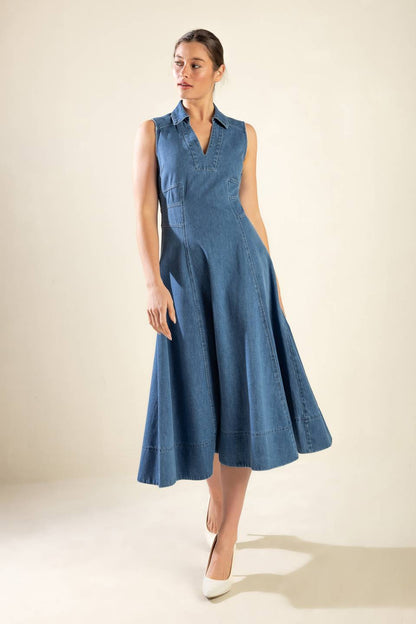 WASHED DENIM MIDI DRESS WITH COLLAR