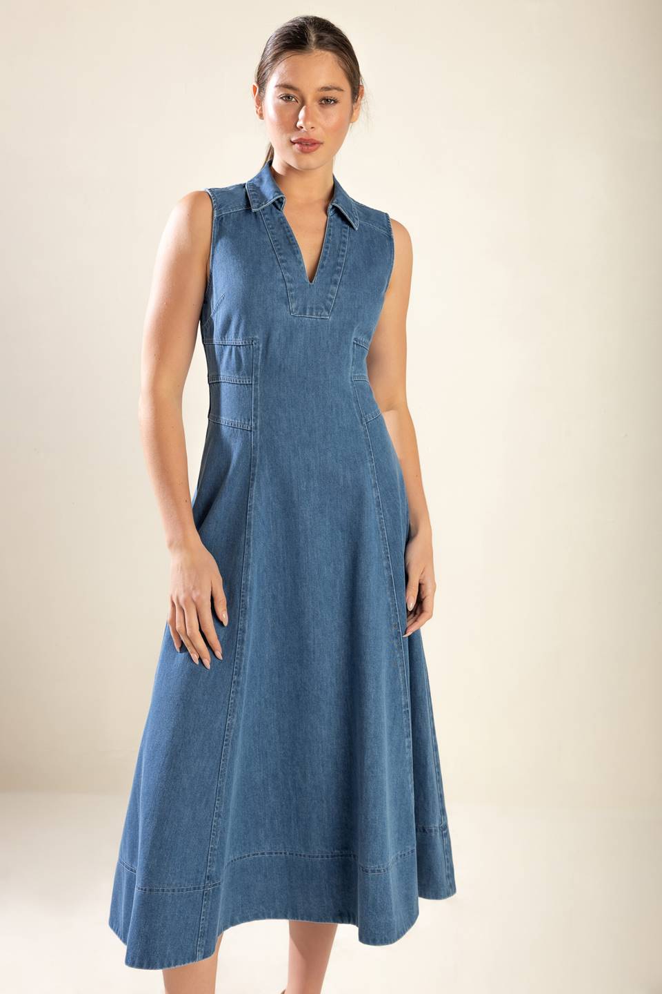 WASHED DENIM MIDI DRESS WITH COLLAR