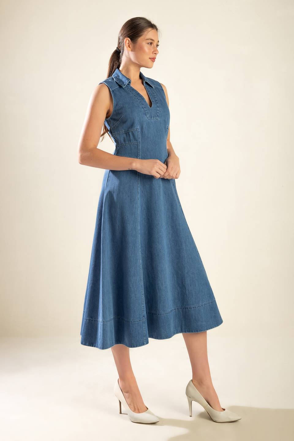 WASHED DENIM MIDI DRESS WITH COLLAR