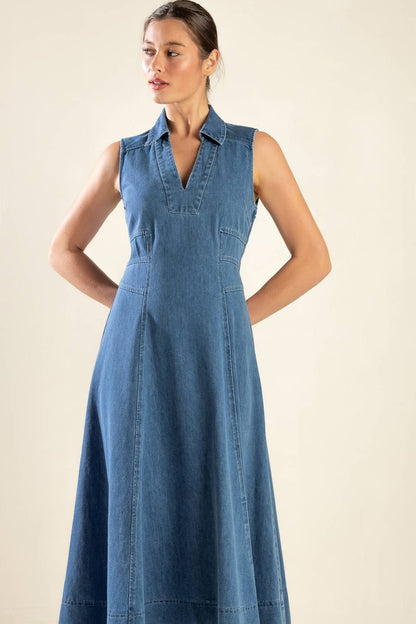 WASHED DENIM MIDI DRESS WITH COLLAR