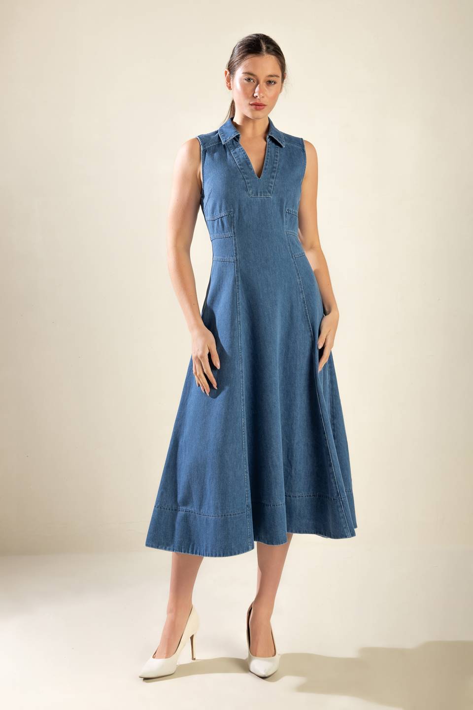 THE GENEVIEVE DENIM MIDI DRESS Flying Tomato