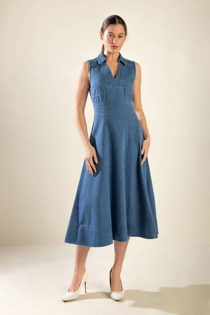 WASHED DENIM MIDI DRESS WITH COLLAR