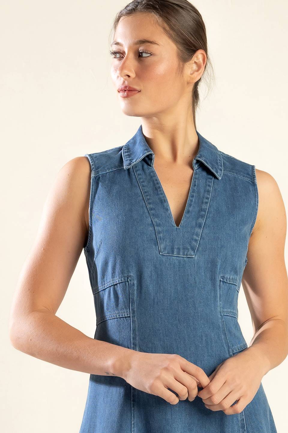 WASHED DENIM MIDI DRESS WITH COLLAR